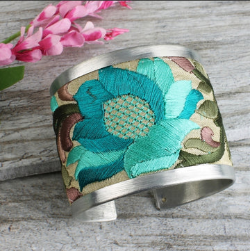 Elegant Embroidered Flower Cuff Bracelet