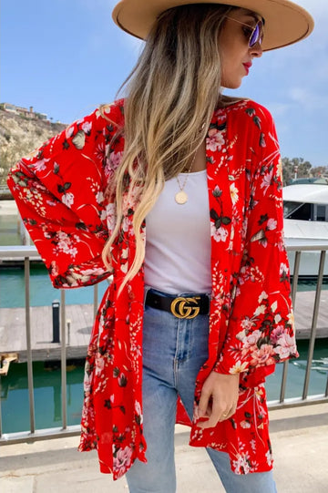 Red Floral Kimono Cardigan/Cover Up