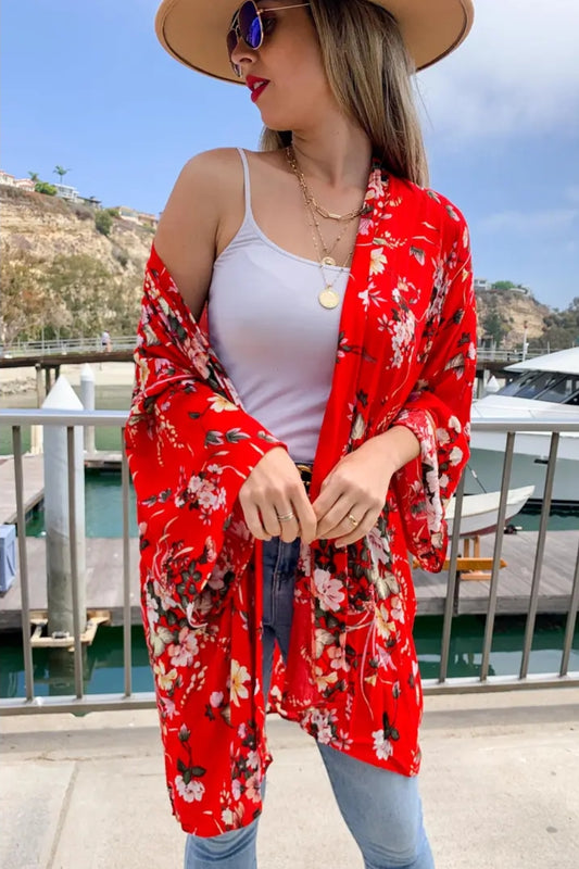 Red Floral Kimono Cardigan/Cover Up