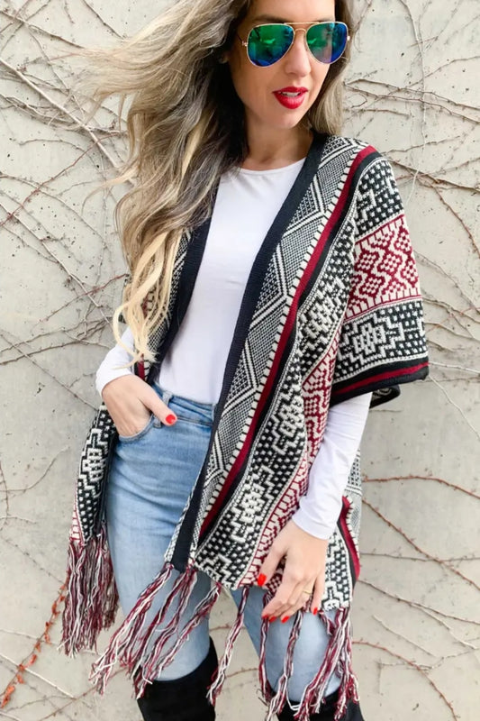 Red & Black Aztec Pattern Tassel Bottom Knotted Kimono