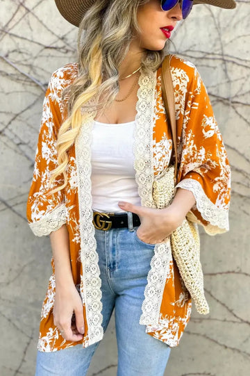 Floral Print Lace Detail 3/4 Sleeve Kimono