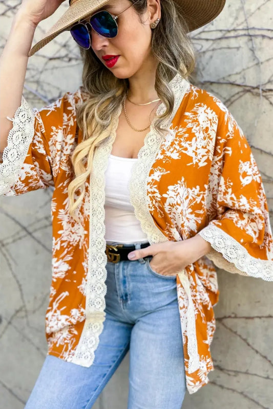 Floral Print Lace Detail 3/4 Sleeve Kimono