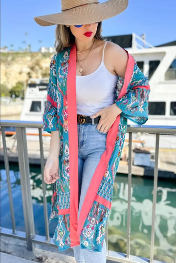 Teal Multi-Floral Printed Kimono/Cover Up