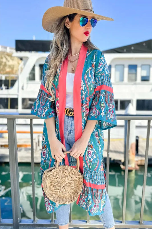 Teal Multi-Floral Printed Kimono/Cover Up